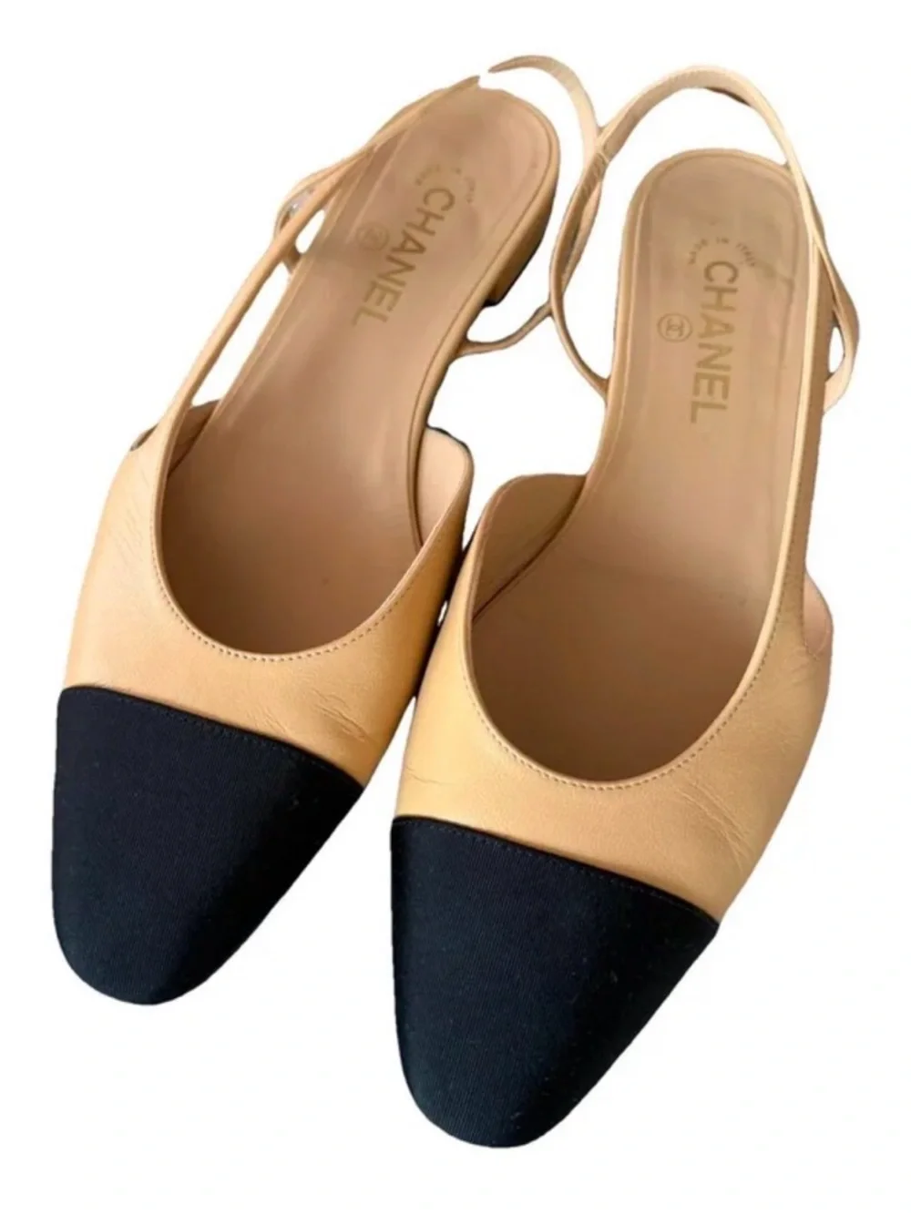 CHANEL Beige Leather Slingback Flats with Black Cap Toe